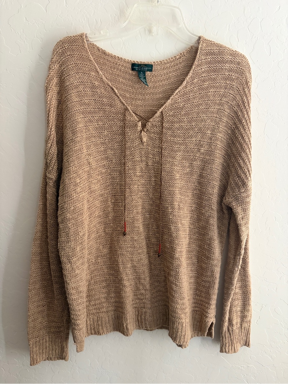 Ralph Lauren Tan Knit V-Neck Sweater with Drawstring
